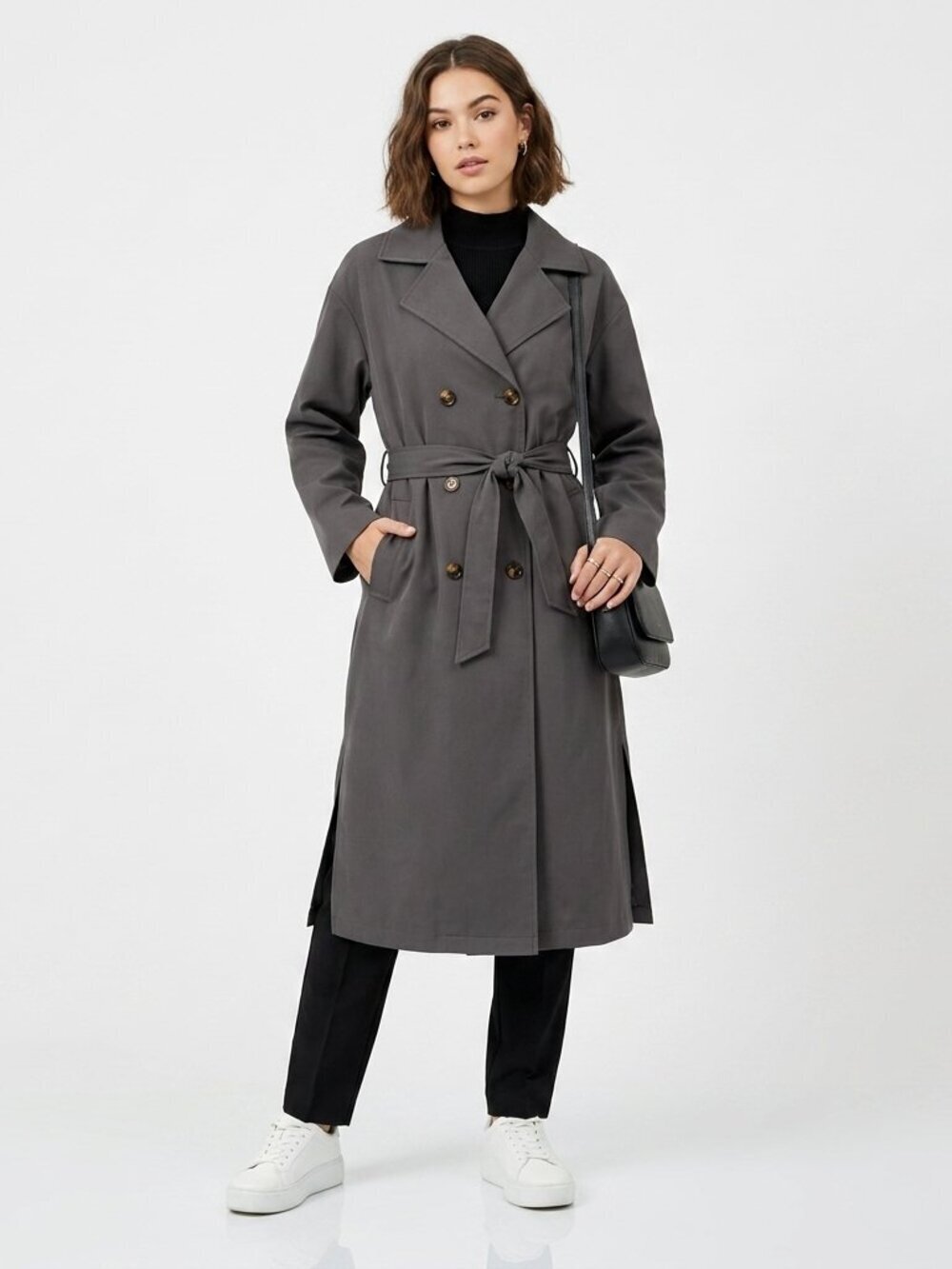 MAEVA Double Breasted Trench Coat Charcoal Gray Lightweight Small - Picture 2 of 16